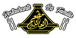 Logotipo del Restaurante Do Familia con una etiqueta negra y dorada, escritura árabe e iconos de tenedor y cuchillo.