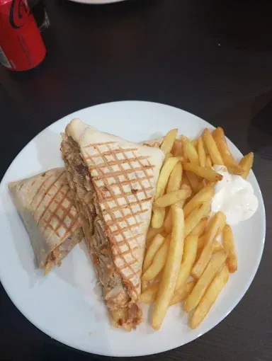 Wrap a la parrilla con papas fritas y una cucharada de mayonesa en un plato blanco.