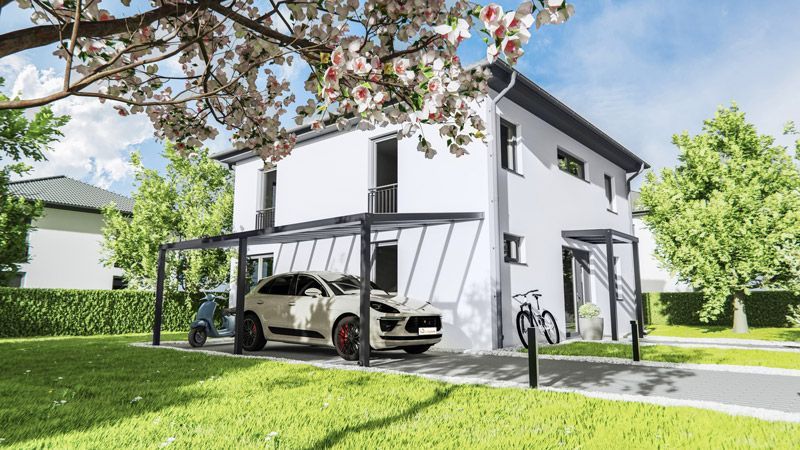 Ein Auto ist unter einem Vordach vor einem weißen Haus geparkt.