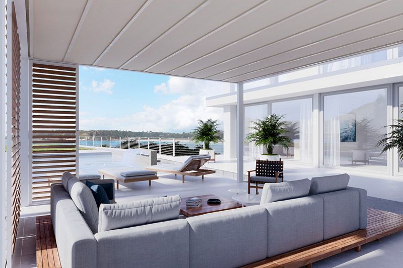 Eine künstlerische Darstellung eines Wohnzimmers mit Sofa und Stühlen.