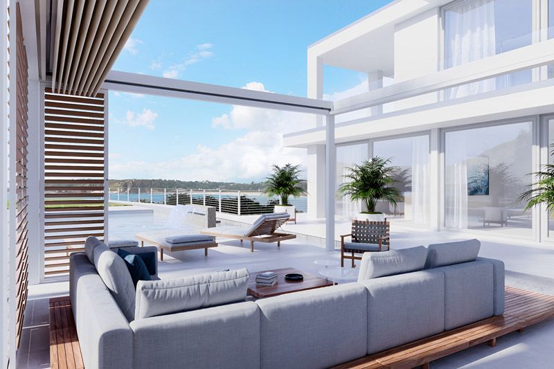 Eine künstlerische Darstellung eines Wohnzimmers mit Sofa und Stühlen.