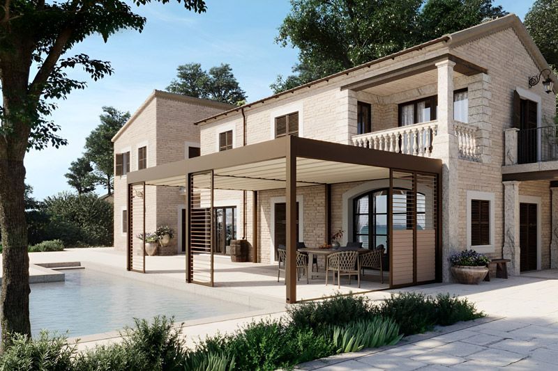 Ein großes Haus mit Pergola und Swimmingpool