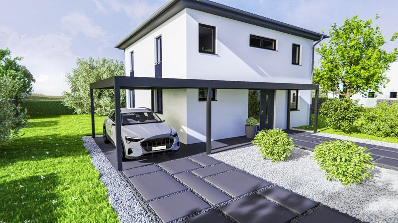 Vor einem weißen Haus mit Carport parkt ein Auto.