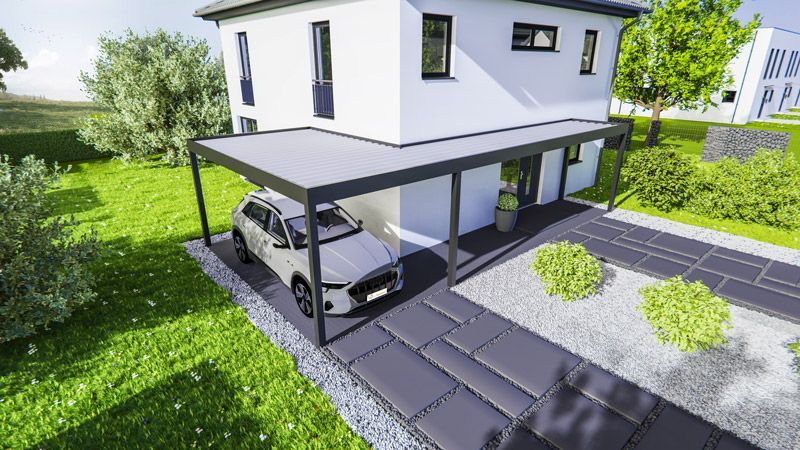 Ein Auto ist unter einem Vordach vor einem Haus geparkt.