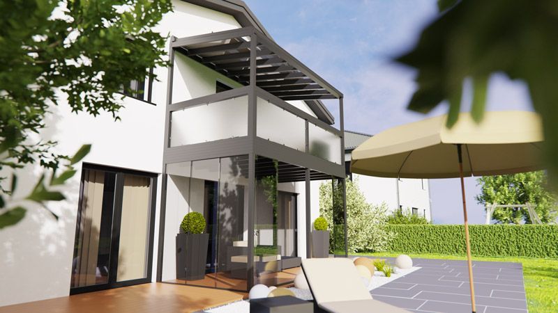 Eine künstlerische Darstellung eines Hauses mit Balkon und Sonnenschirm.