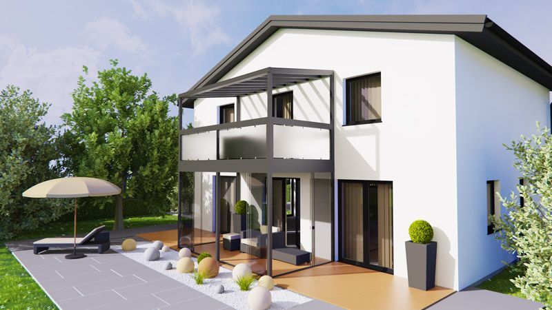 Eine künstlerische Darstellung eines Hauses mit Terrasse und Sonnenschirm.