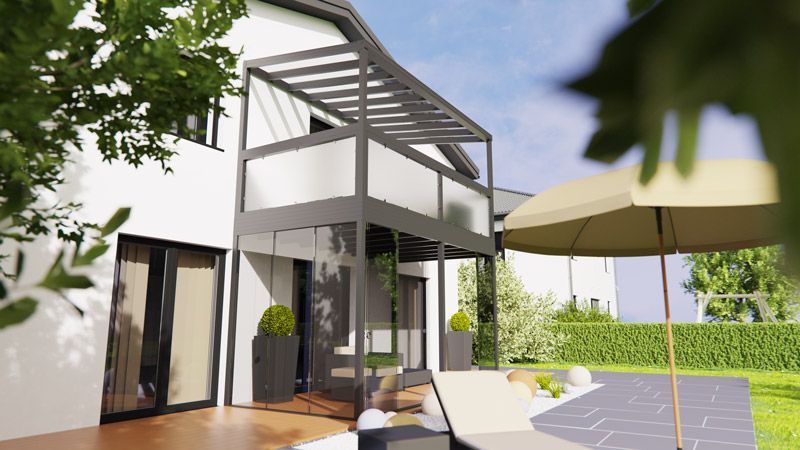 Eine künstlerische Darstellung eines Hauses mit Balkon und Sonnenschirm.