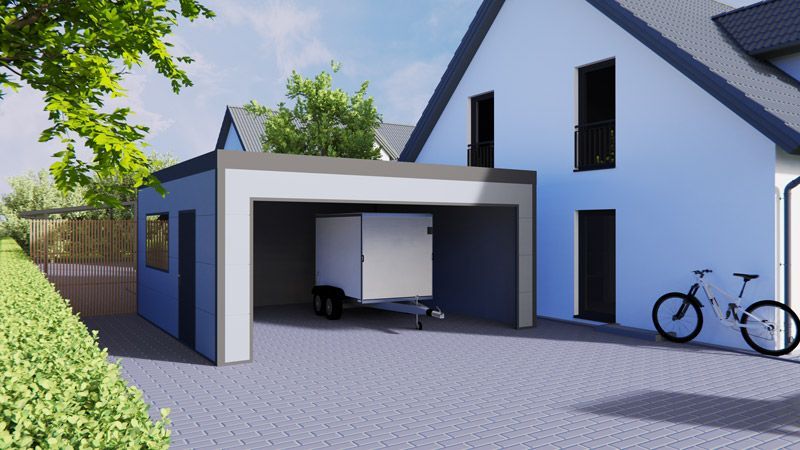 Ein blaues Haus mit einem davor geparkten Fahrrad