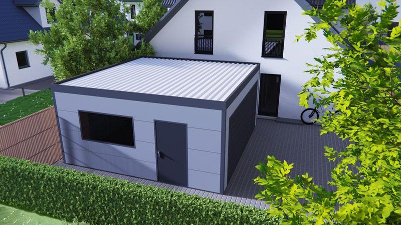 Eine Luftaufnahme eines Hauses mit angeschlossener Garage