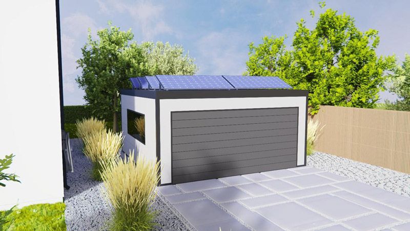 Künstlerische Darstellung einer Garage mit Solarmodulen auf dem Dach.
