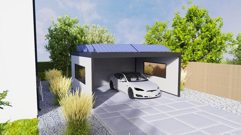 Ein Auto ist in einer Garage mit Solarzellen auf dem Dach geparkt.