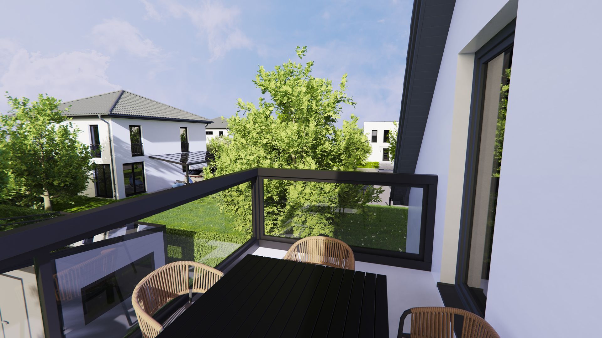 Eine künstlerische Darstellung eines Balkons mit Tisch und Stühlen.