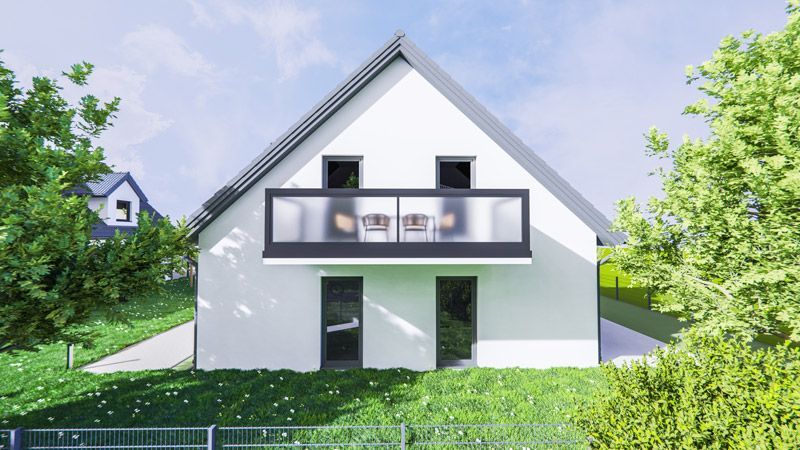 Eine künstlerische Darstellung eines weißen Hauses mit Balkon.