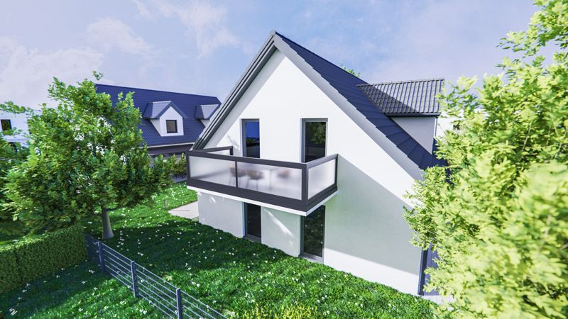 Eine künstlerische Darstellung eines Hauses mit einem von Bäumen umgebenen Balkon.