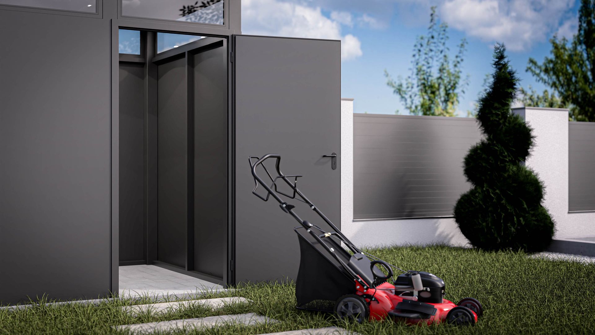 Ein roter Rasenmäher steht im Gras vor einem Schuppen.