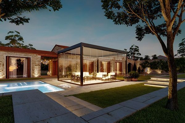 Eine künstlerische Darstellung eines Hauses mit Swimmingpool und Pergola.