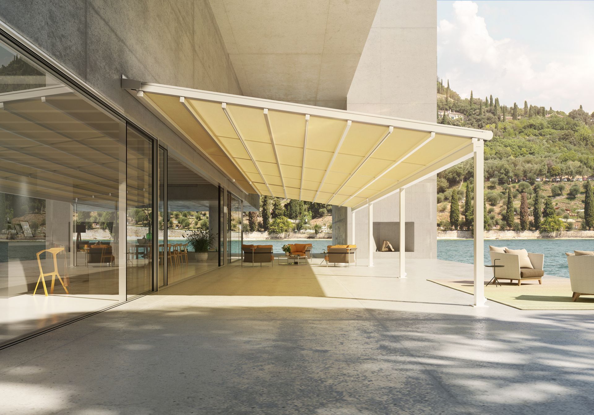 Eine große Terrasse mit Überdachung und großem Fenster.