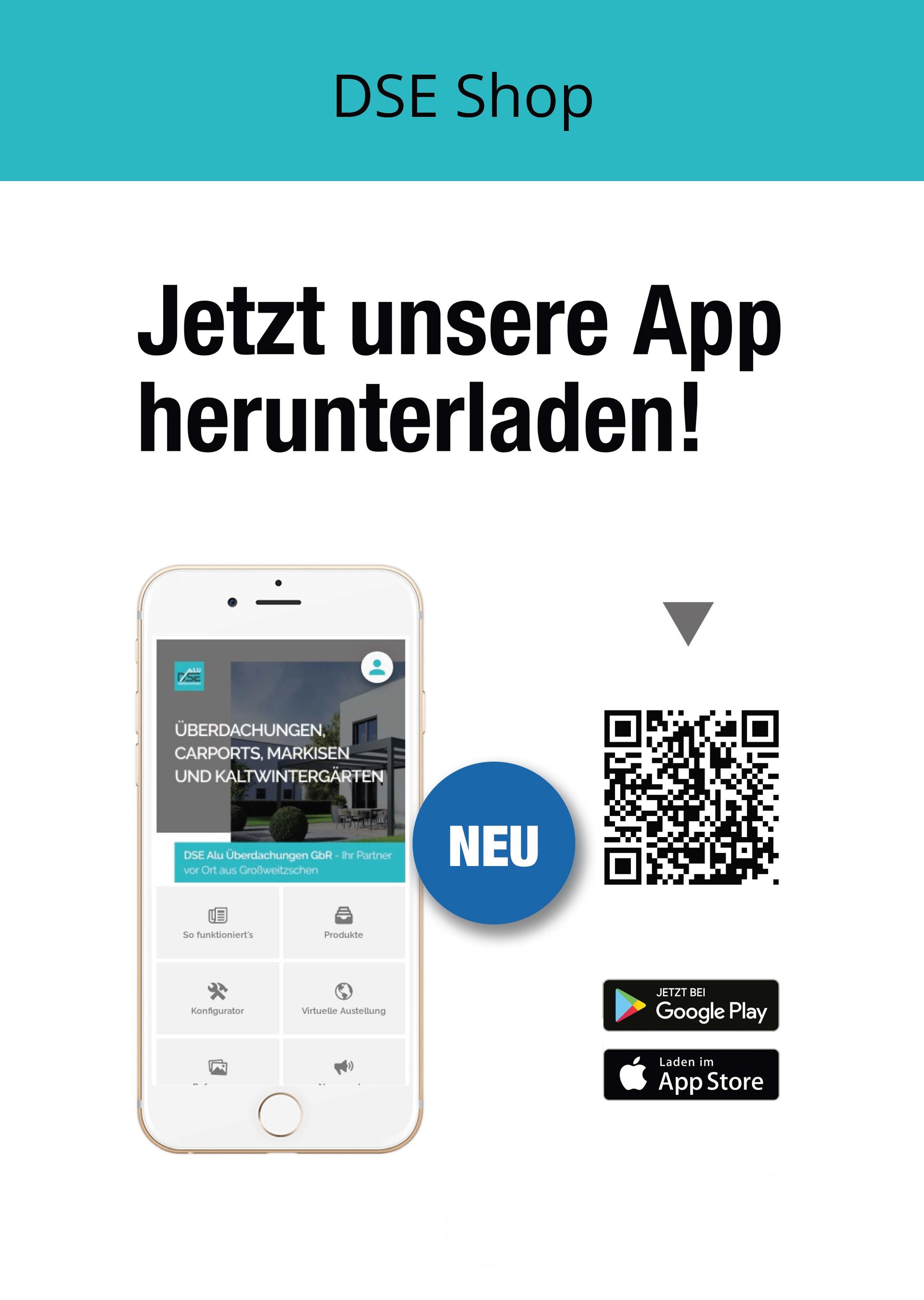 Ein Telefon mit einem QR-Code daneben und den Worten „jetzt unsere App herunterladen!“