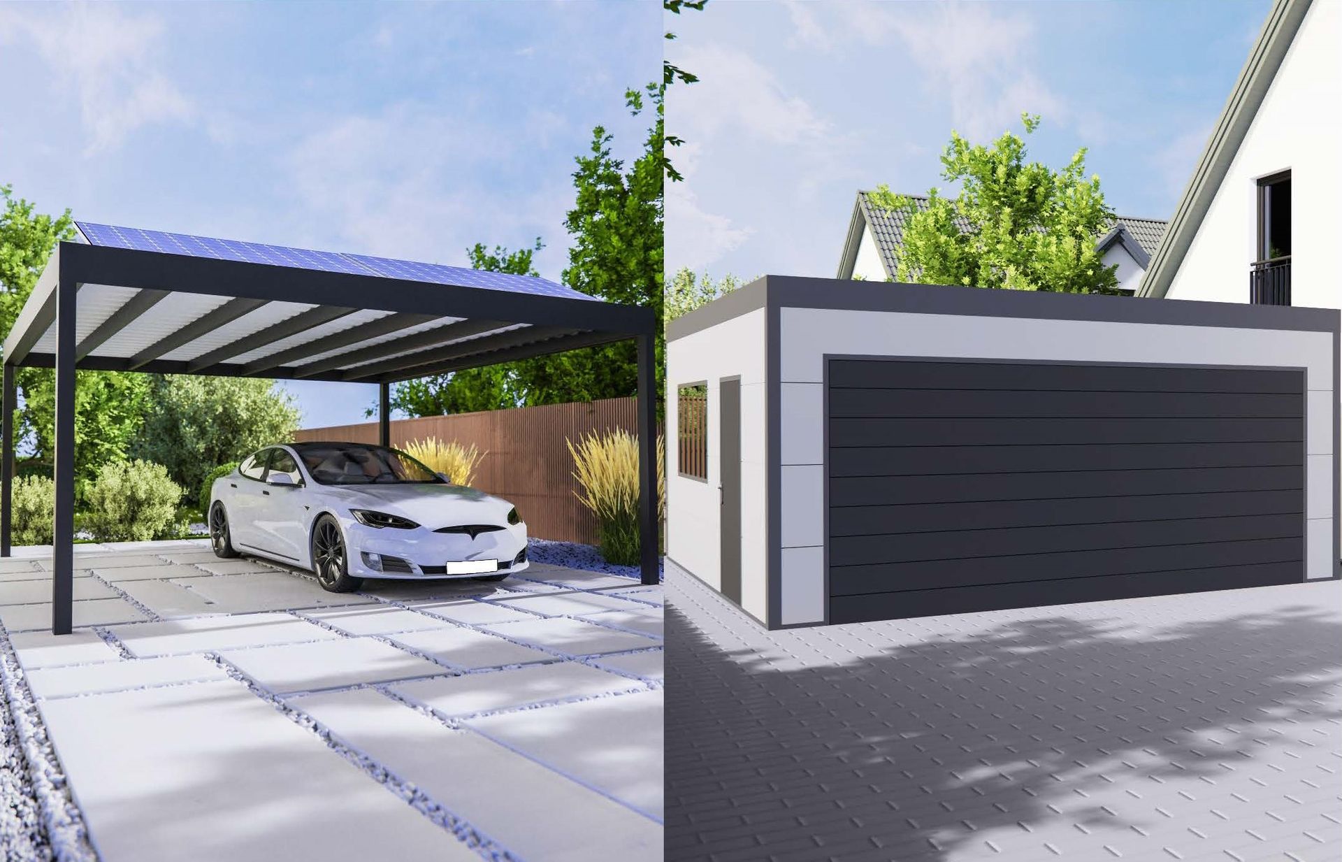 Ein Auto ist unter einem Vordach neben einer Garage geparkt.