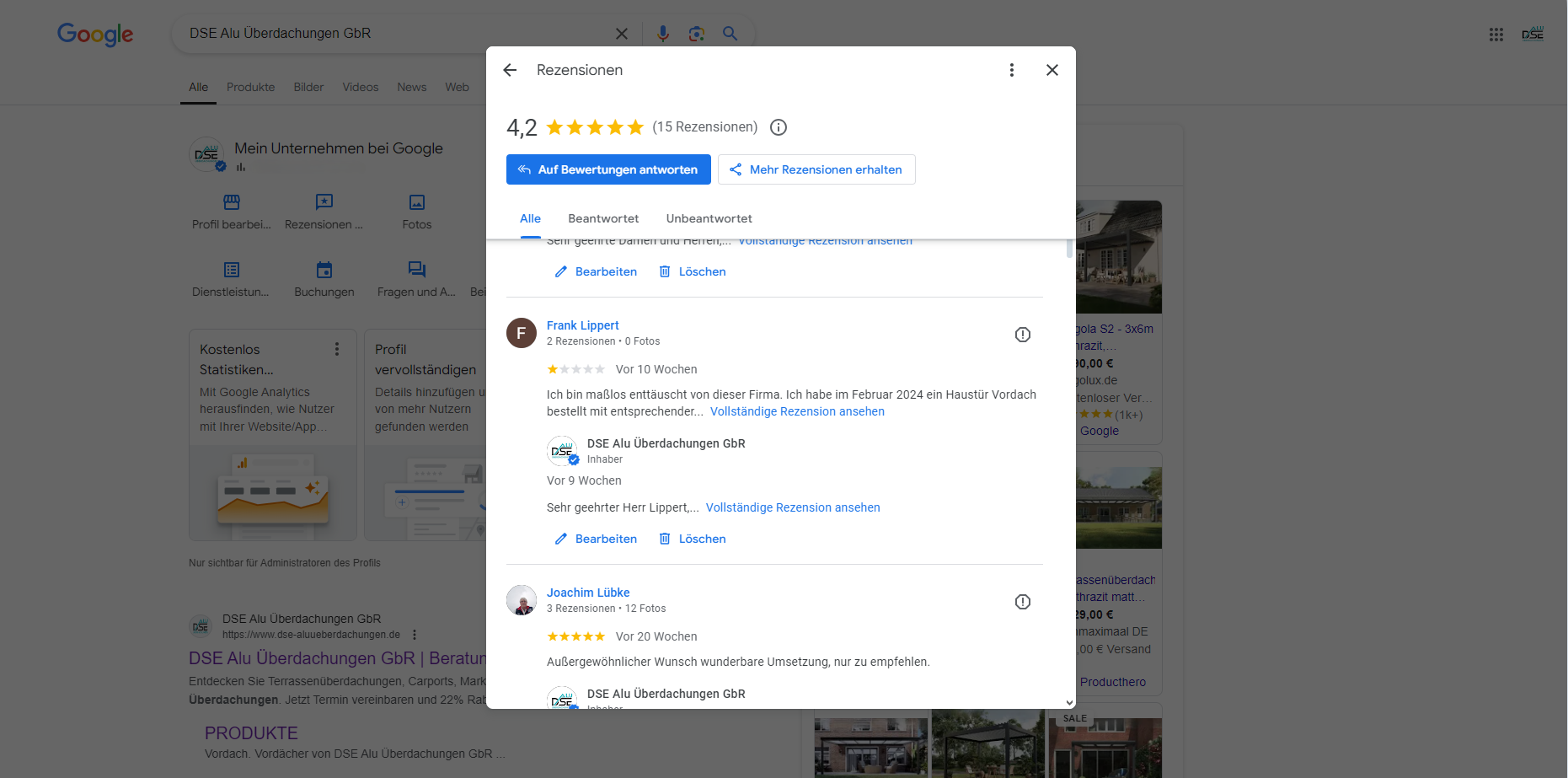 Ein Screenshot einer Google-Bewertungsseite auf einem Computer