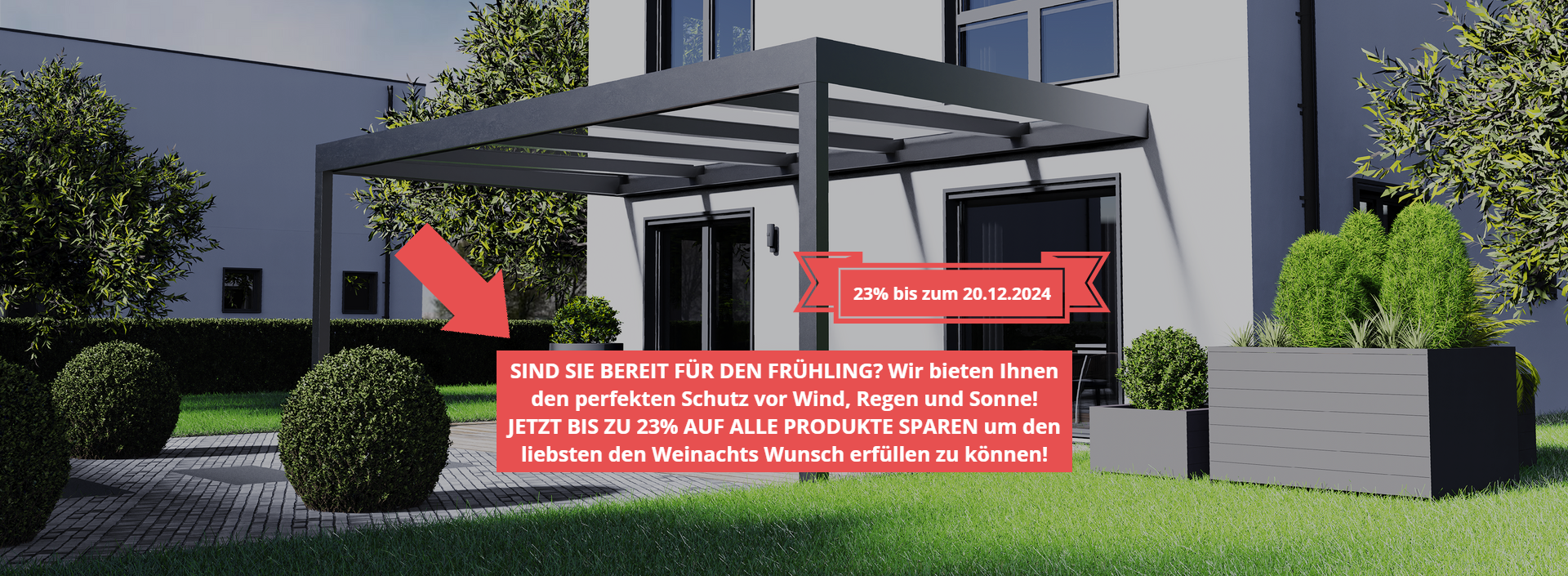 Eine 3D-Darstellung eines Hauses mit einer Pergola davor.