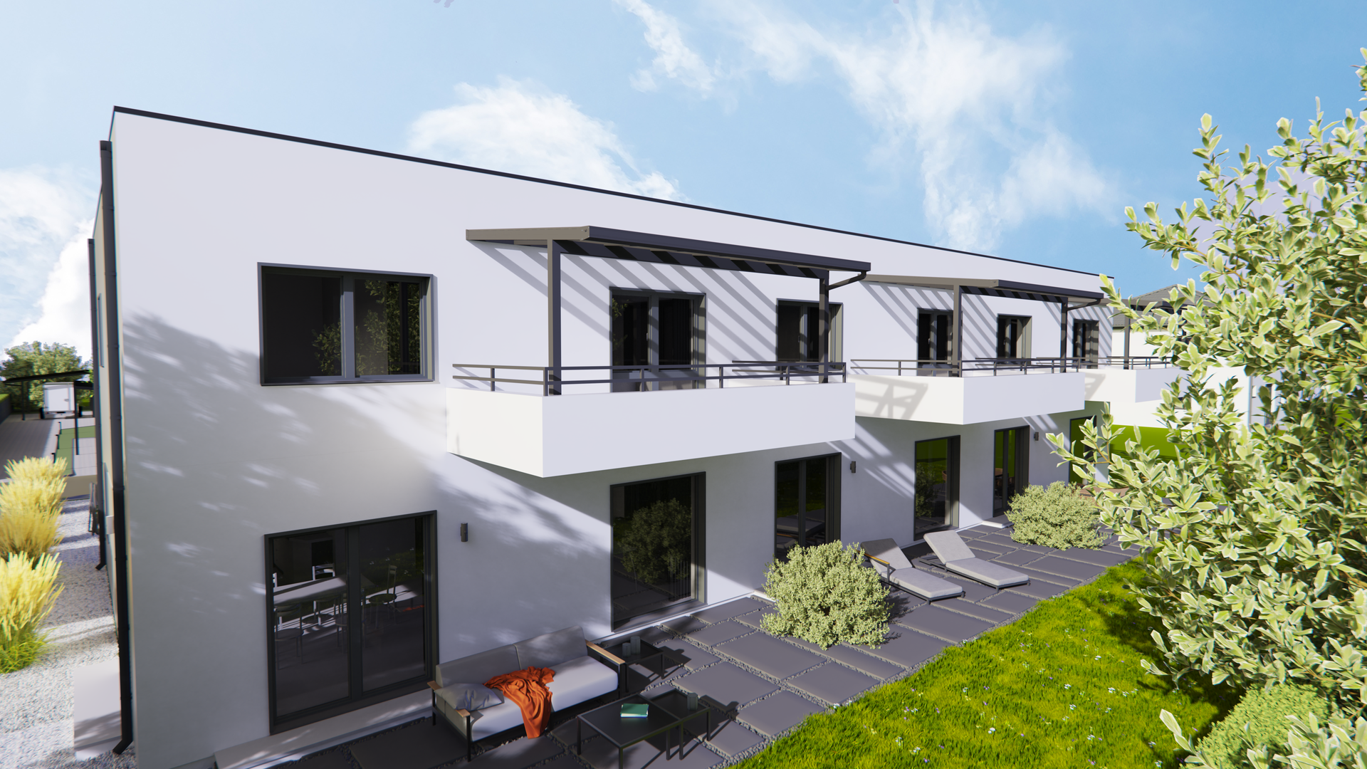 Eine künstlerische Darstellung eines weißen Hauses mit einer Terrasse davor.
