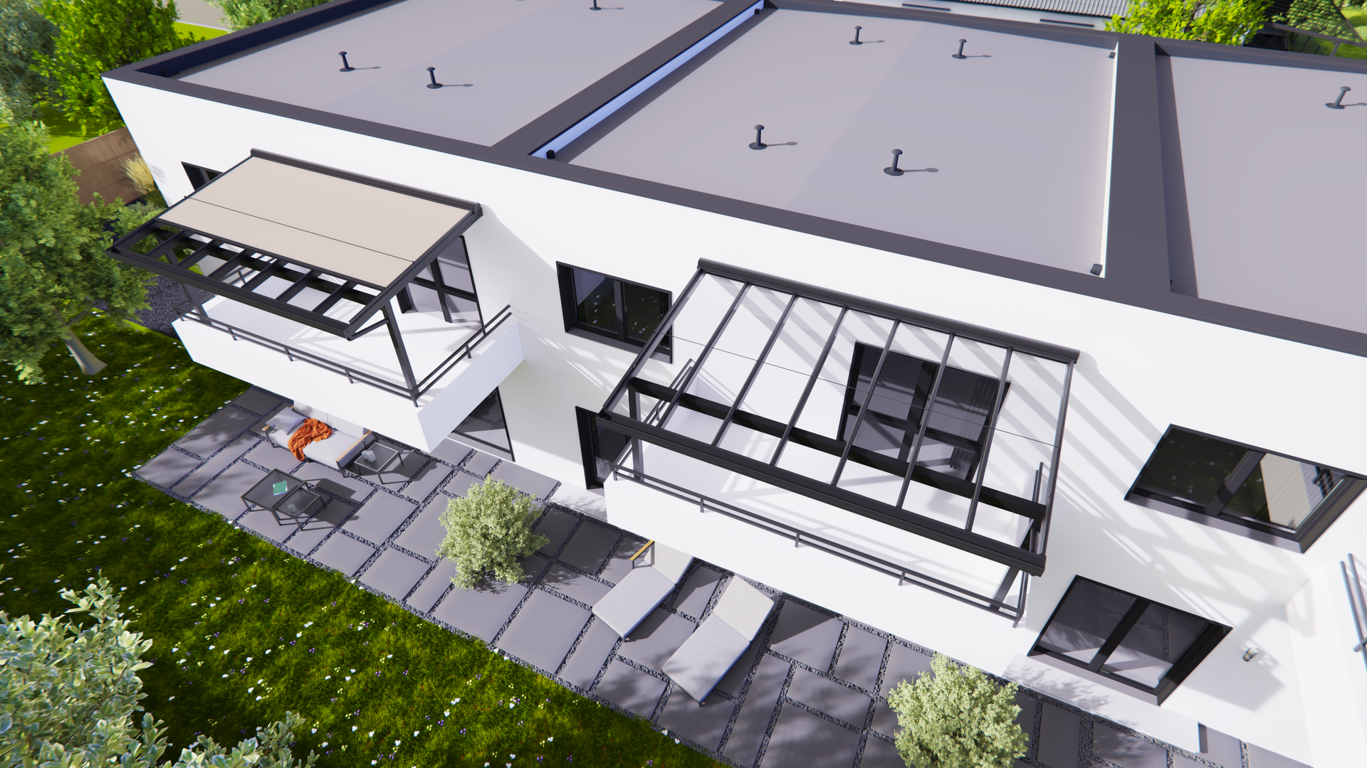 Eine Luftaufnahme eines modernen Wohnhauses mit Balkonen.