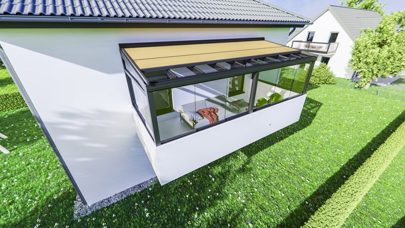 Eine Luftaufnahme eines Hauses mit einem großen Fenster und einem Balkon.