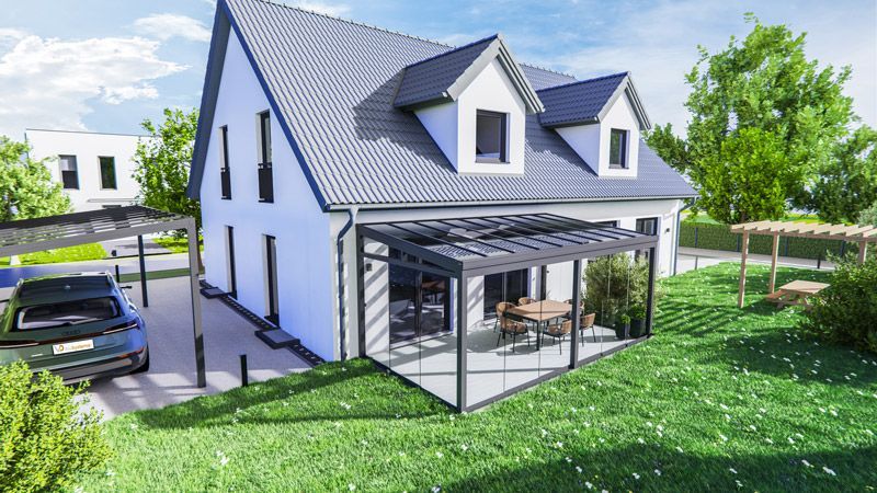 Ein weißes Haus mit einem grauen Dach und einem davor geparkten Auto.