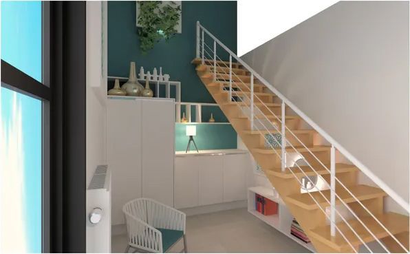 Meubles de rangements blancs et escalier droit en bois