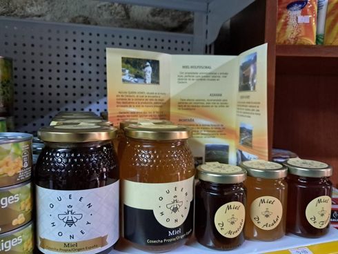 Frascos de miel y conservas en un estante de una tienda con un folleto de productos abierto detrás.