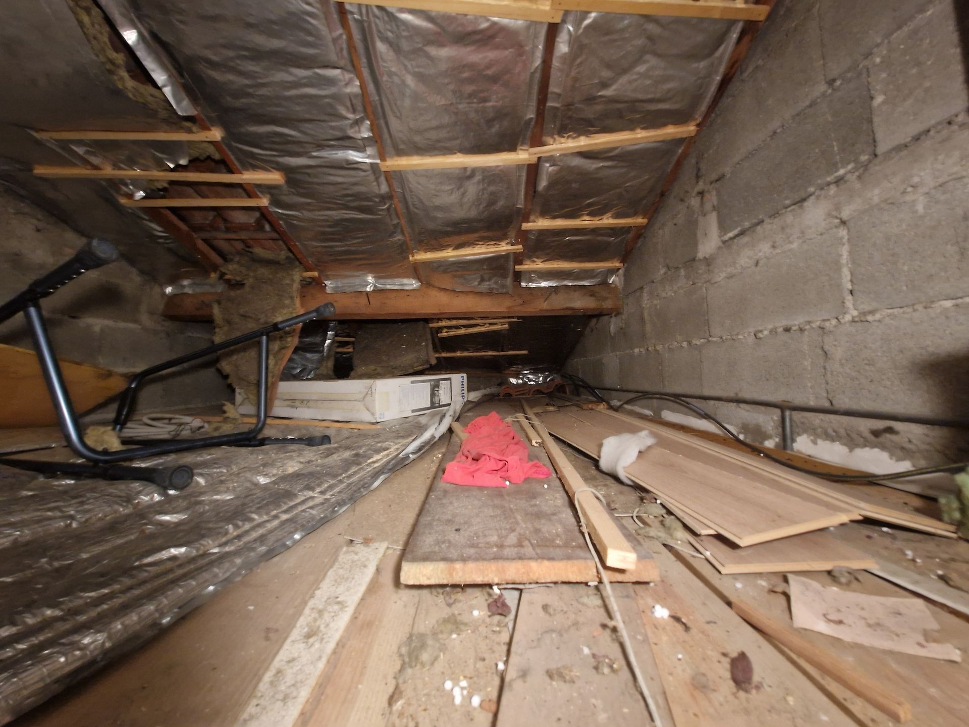Un grenier exigu aux murs en parpaings, isolé avec du papier aluminium sur le plafond mansardé et jonché de débris de bois.