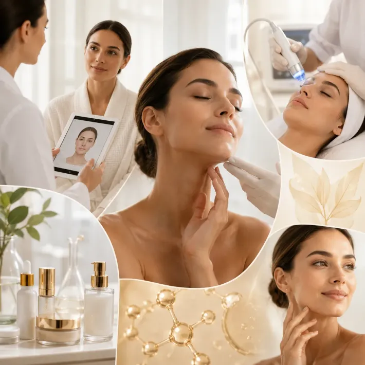 Collage de un tratamiento facial de spa con una mujer recibiendo un tratamiento para el cuidado de la piel.