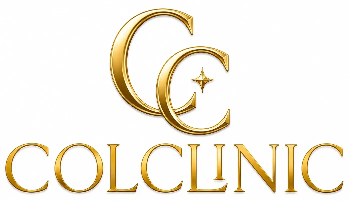 Logotipo dorado de Colclinic con letras C estilizadas y una pequeña estrella sobre un fondo blanco.