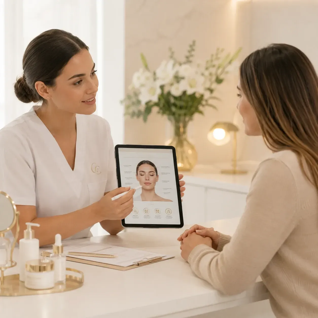 Consulta entre dos mujeres con una tableta que muestra un análisis facial en una luminosa clínica de cuidado de la piel.