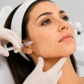 Procedimiento de inyección facial estética con manos enguantadas, jeringa y líneas de mapeo facial en la mejilla de mujer.