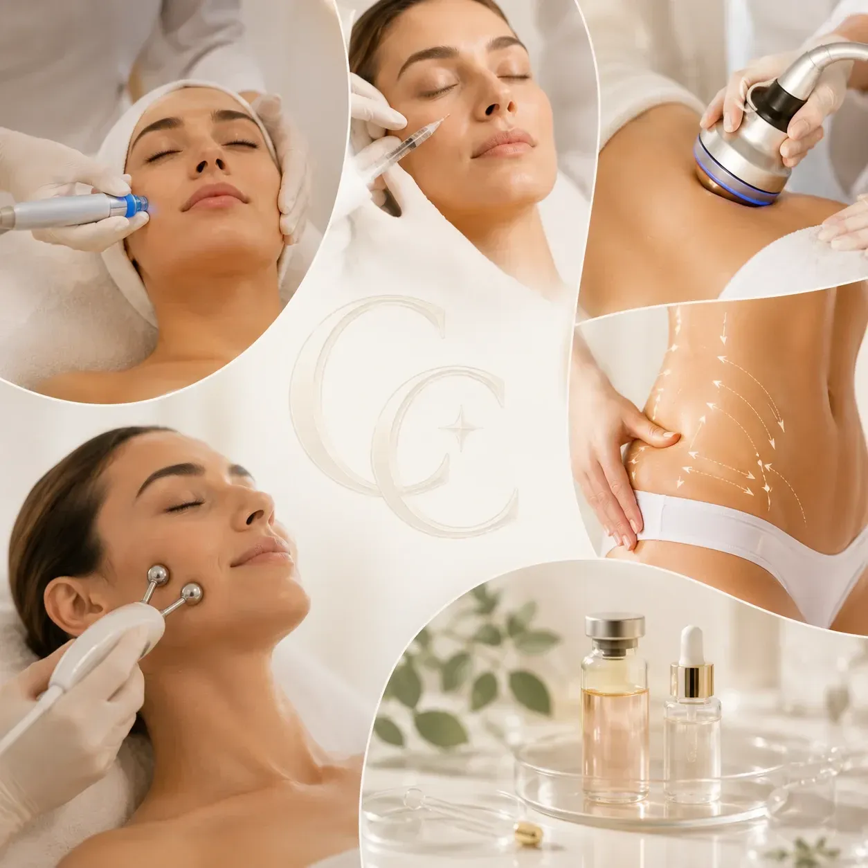Collage de tratamientos faciales de spa y sérums para el cuidado de la piel en un entorno lujoso de tonos beige suaves.