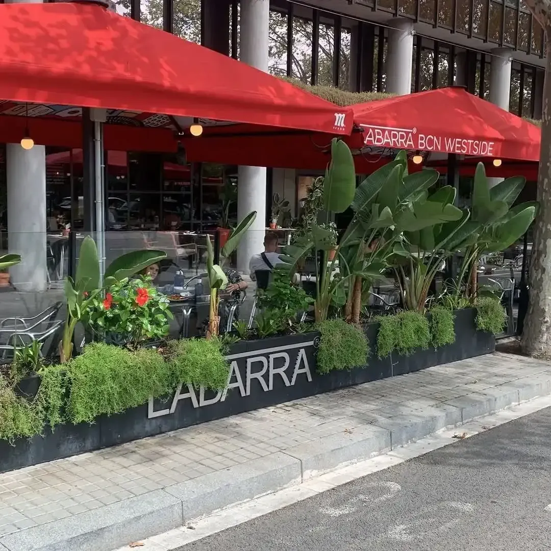 Terraza de cafetería con mesas bajo sombrillas rojas, con jardineras que exhiben exuberantes plantas verdes