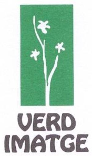 Un logotipo rectangular verde muestra un dibujo lineal blanco de una planta con tres flores, encima del texto "VERD IMATGE".