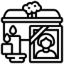 Un icono en blanco y negro de un ataúd con una imagen de una persona dentro de él.