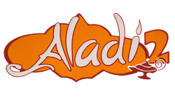 Logotipo naranja de “Aladiz” con tipografía estilizada y un pequeño icono de lámpara colgante.
