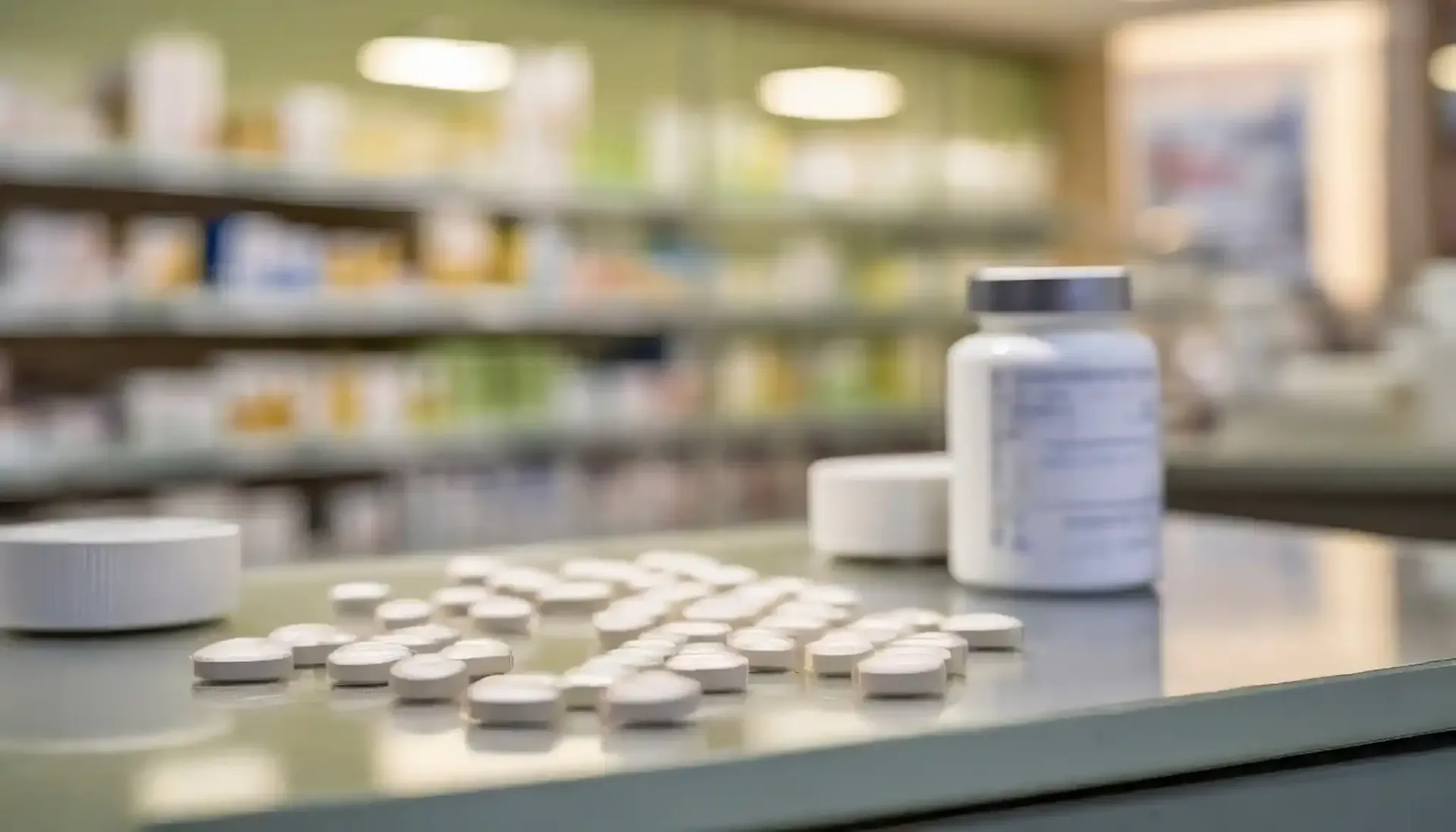 Pastillas y un frasco de medicamentos recetados en el mostrador de una farmacia, con estantes de medicamentos al fondo.