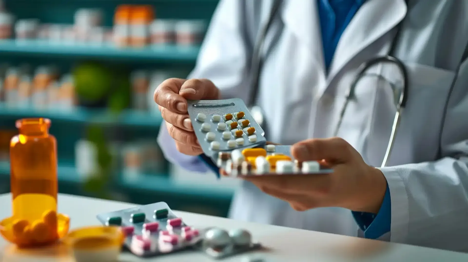 Farmacéutico con bata blanca sosteniendo blísteres de pastillas, en una farmacia.