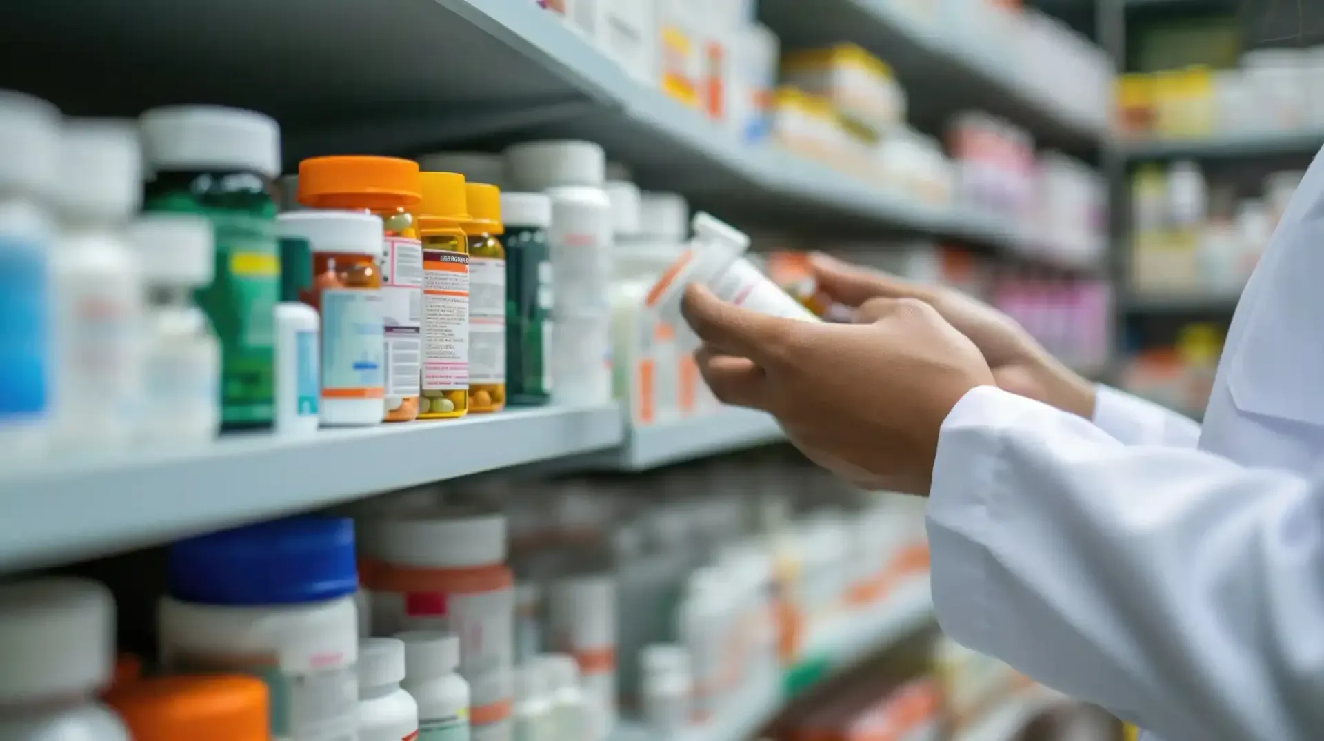 Un farmacéutico con bata blanca examina un frasco de medicamentos en un estante de la farmacia lleno de pastillas.