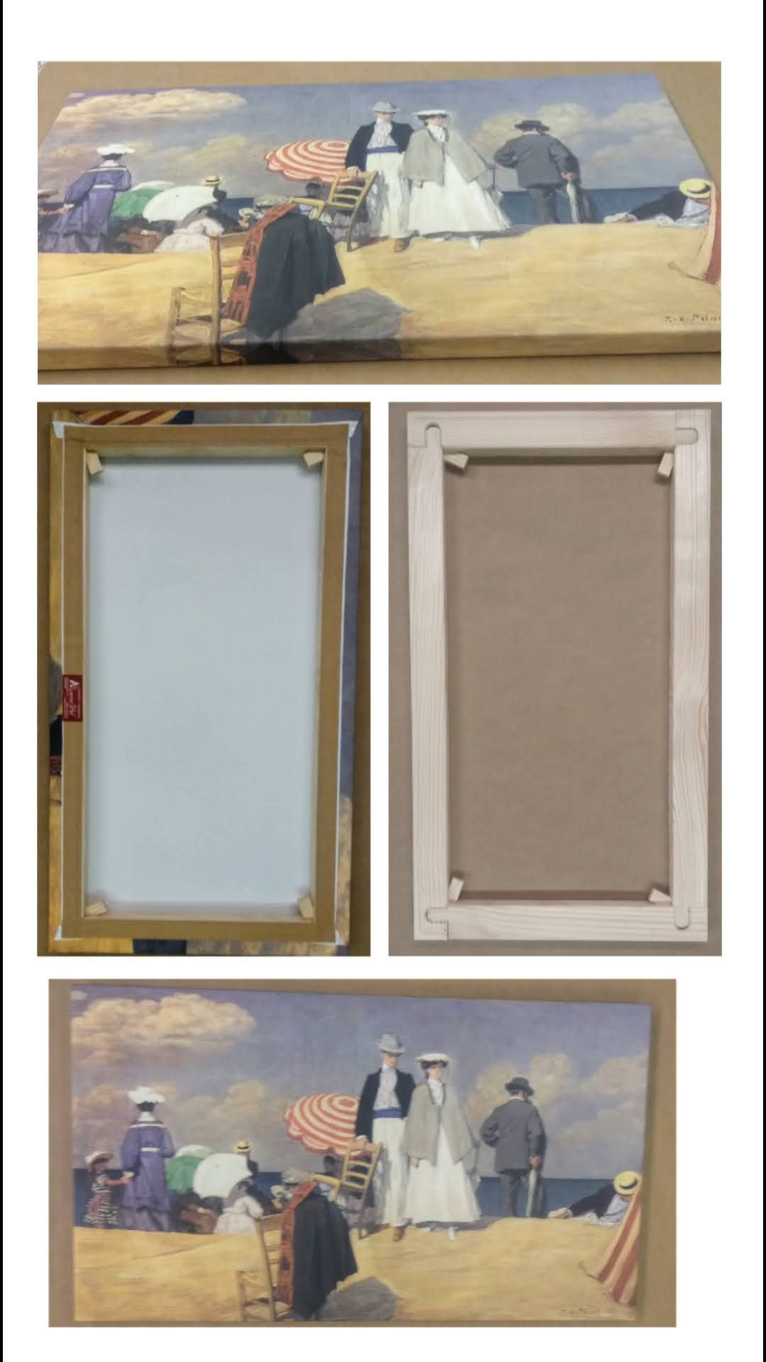 Personas en la playa en un cuadro con una pareja vestida de blanco en el centro. Dos cuadros enmarcados, uno con lienzo en blanco y otro con fondo marrón.