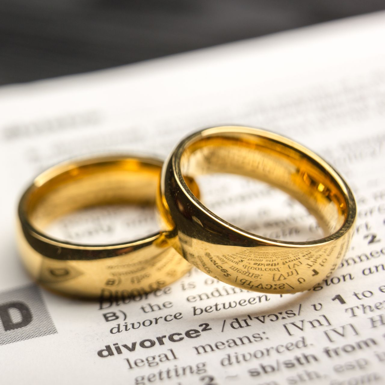 Deux alliances en or reposent sur une page de dictionnaire où figure le mot divorce.