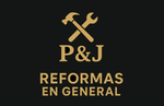 Logotipo con herramientas cruzadas sobre “P&J REFORMAS EN GENERAL” en dorado sobre fondo negro