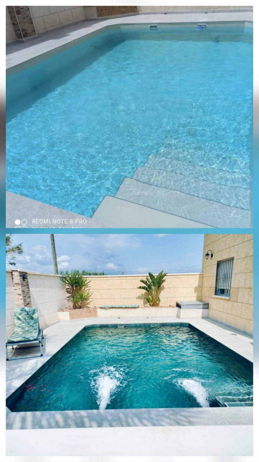 Dos vistas de una piscina limpia con azulejos azules, escalones y un muro de patio cercano.