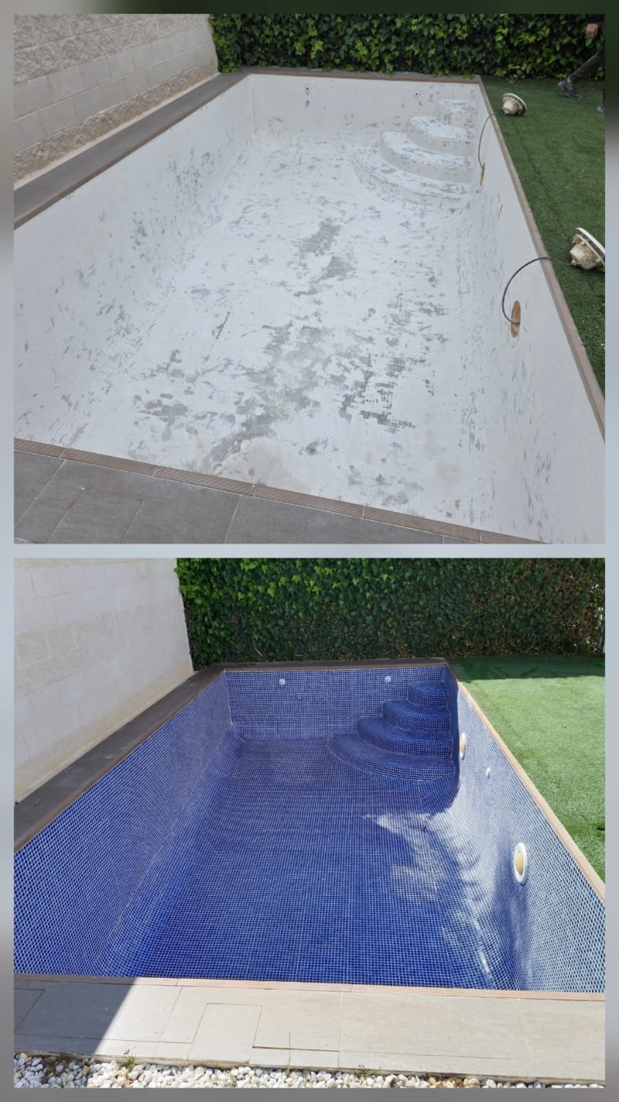 Piscina vacía en el patio trasero antes y después de su renovación, mostrando acabados en gris y azul.