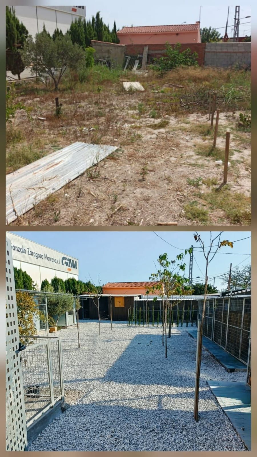 Antes y después del cambio en el área exterior: terreno baldío cubierto de maleza arriba, patio de grava limpio